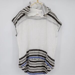 LemLem Hooded White Striped Fringe Top Side Split Cover Up Poncho Small